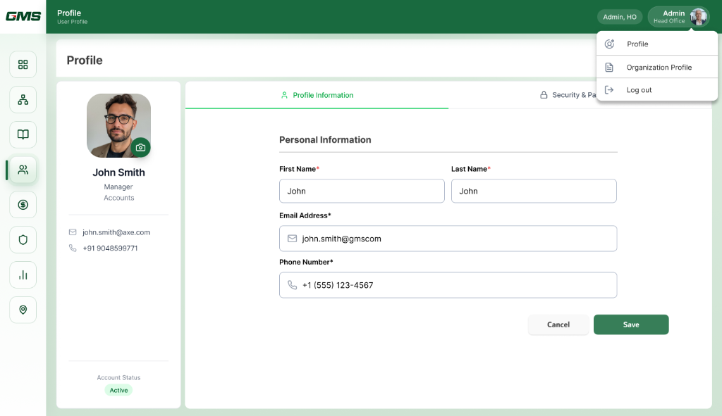 GMS Admin Portal User Profile Information Management UI