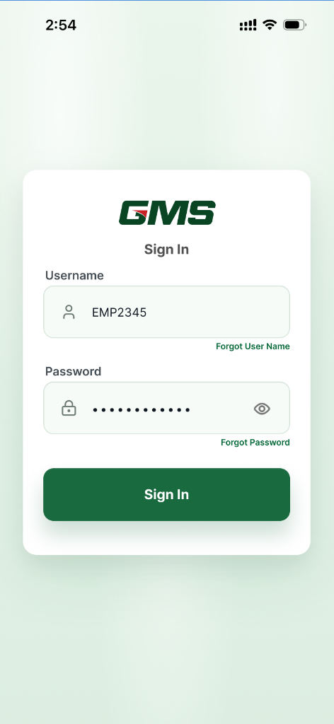 GMS Employee Mobile App Driver Sign In Screen
